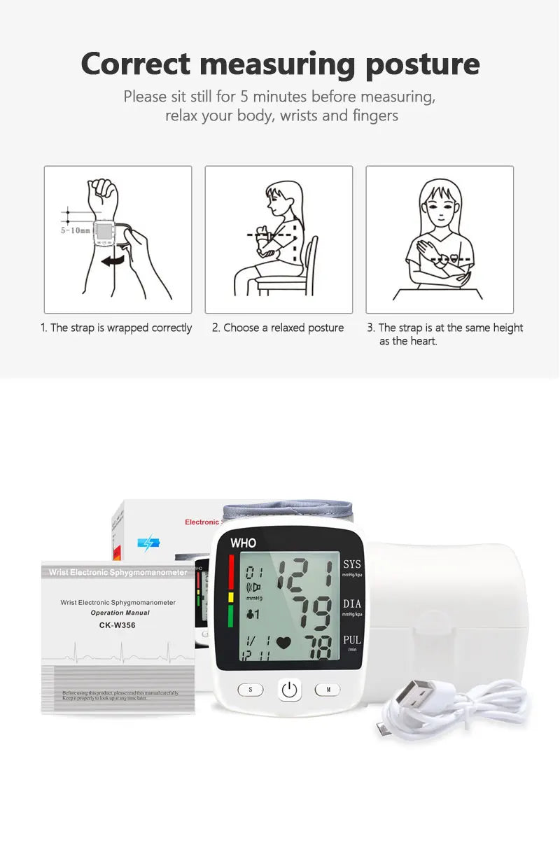 Digital Blood Pressure Monitor Wrist Tensiometer Electronic Sphygmomanometer Tonometer with LCD, 2 X 90 Memory Rechargeable