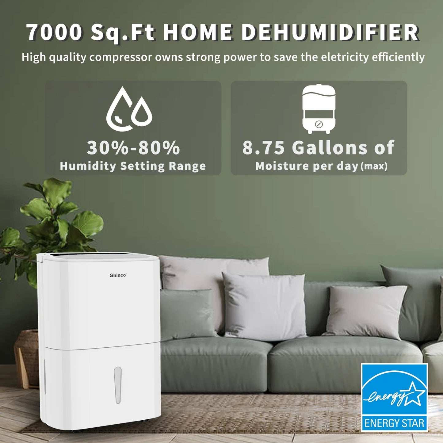 Shinco 150 Pints Energy Star Dehumidifier with WIFI for Large Spaces up to 7,000 Sq.Ft Built-in Pump, 1.85 Gallon Water Tank
