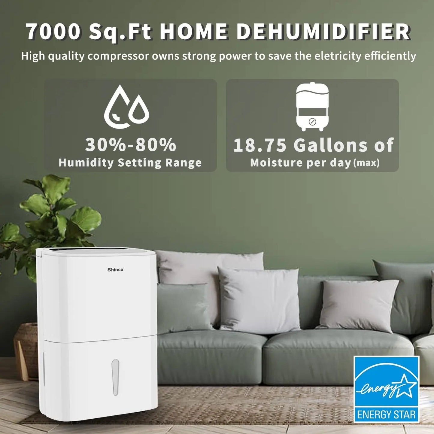 Shinco 150 Pints Energy Star Dehumidifier with WIFI for Large Spaces up to 7,000 Sq.Ft Built-in Pump, 1.85 Gallon Water Tank
