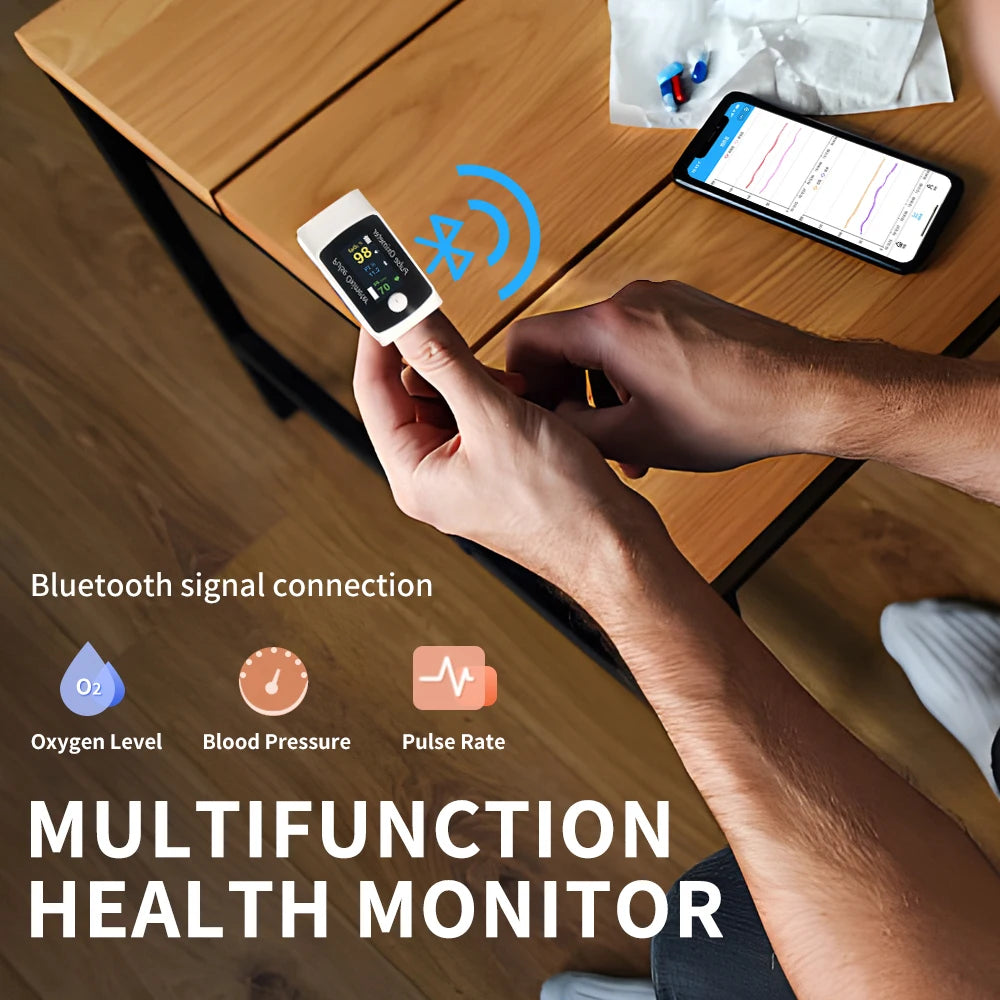 Digital Fingertip Pulse Oximeter & Blood Pressure Monitor 2 in 1 with Bluetooth Household Fingertip OximetroPressure Meter OLED