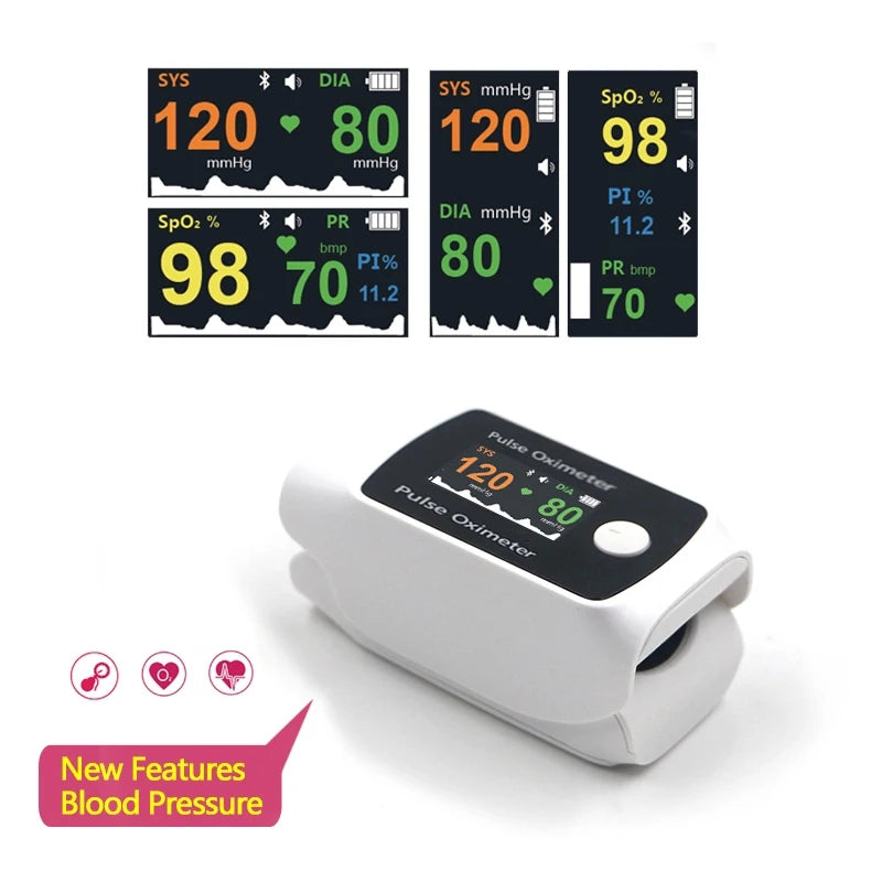 Digital Fingertip Pulse Oximeter & Blood Pressure Monitor 2 in 1 with Bluetooth Household Fingertip OximetroPressure Meter OLED