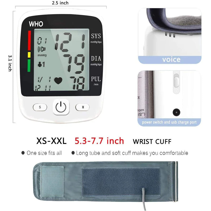 Rechargeable Digital Blood Pressure Monitor Wrist Electronic Sphygmomanometer  Tensiometer With LCD Display, 2 X 99 Memory
